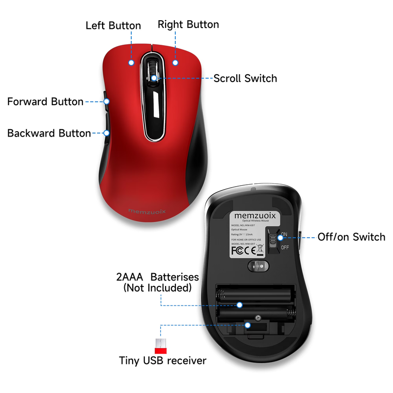 2.4GHz Wireless Mouse 1200 DPI 5 Button USB Receiver for PC Laptop Red1