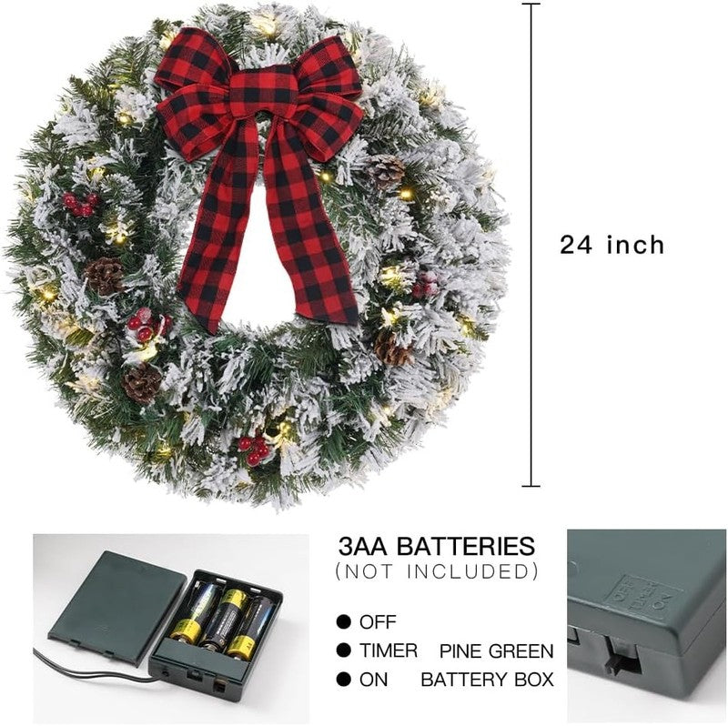 24" Pre-Lit Snowy Flocked Christmas Wreath 30 LED Red Berries Pinecones Bow3