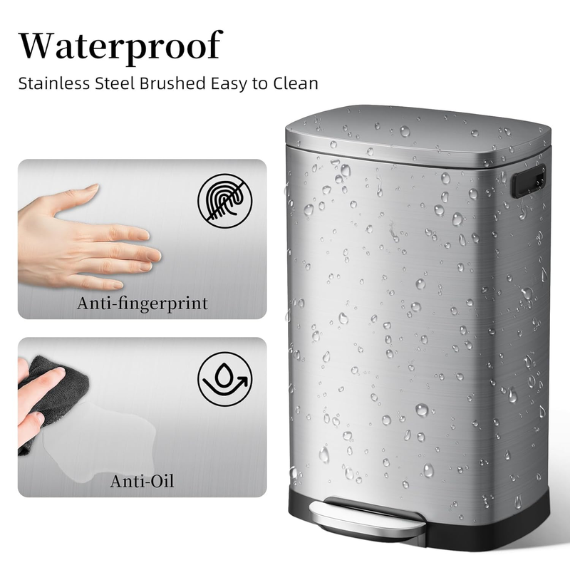 13 Gallon Kitchen Trash Can Stainless Steel Soft Close Pedal Bin 50L2