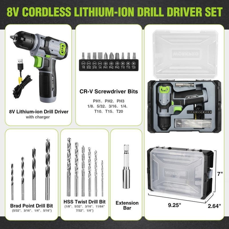 8V Cordless Drill Driver Set 2.0Ah 3/8in Keyless Chuck Tool Box DIY Repair Kit1