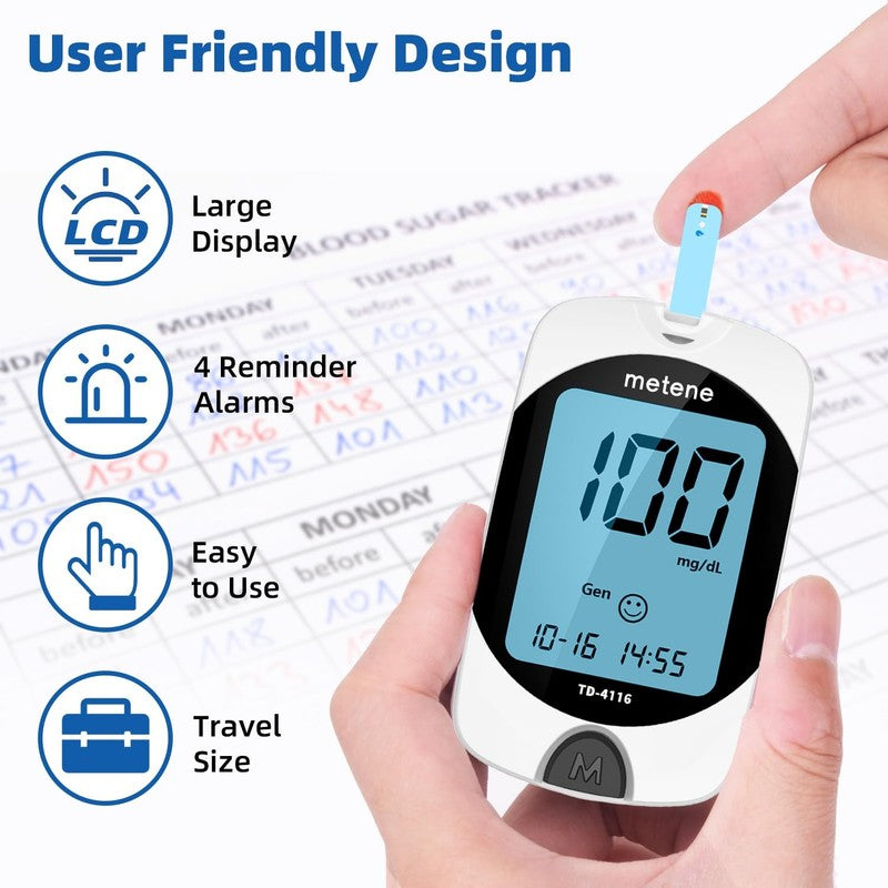 TD 4116 Blood Glucose Monitor Kit, 100 Glucometer Strips, 100 Lancets, 1 Blood S4