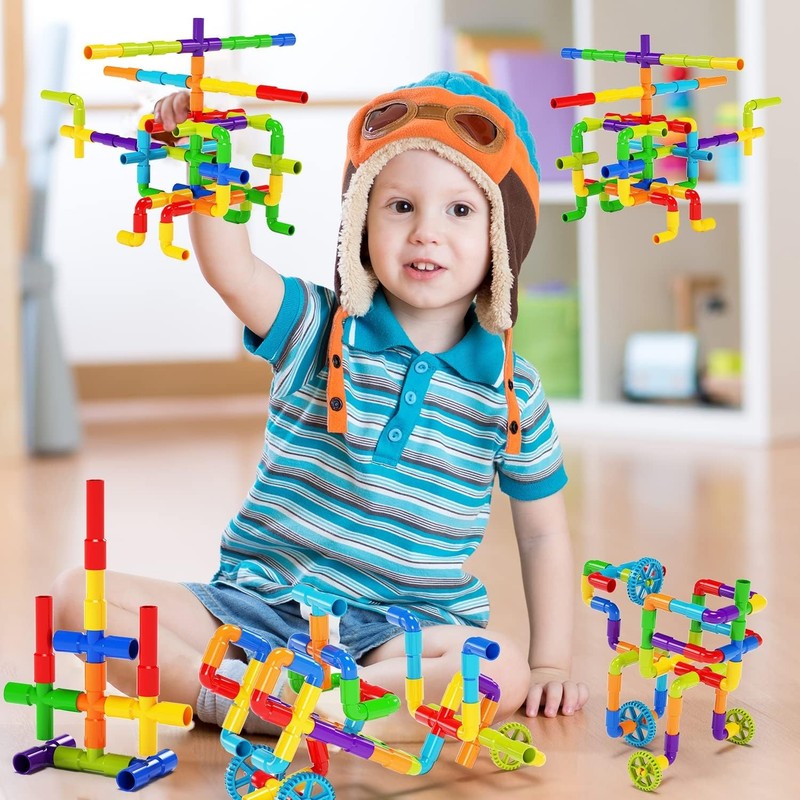 188PCS STEM Pipe Tube Building Blocks Toy w Wheels Baseplate for Kids3
