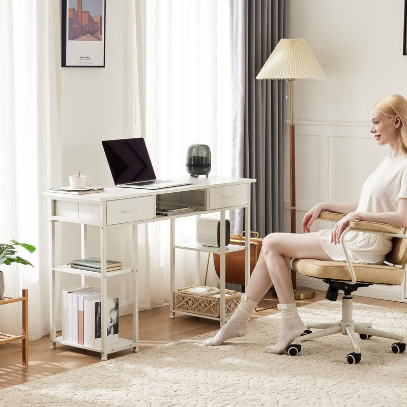 48" Small Desk w/ Fabric Drawers & Shelves Computer/Writing Desk White4