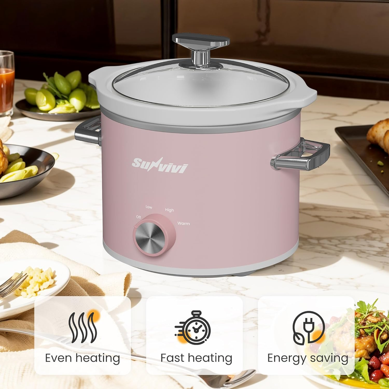 2Qt Slow Cooker Small Removable Ceramic 3-Setting Pink Food Warmer2