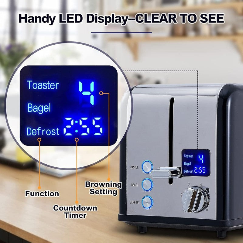 Black 2 Slice Toaster Stainless Steel - LED Display, Wide Slots, 6 Shades, Bagel2