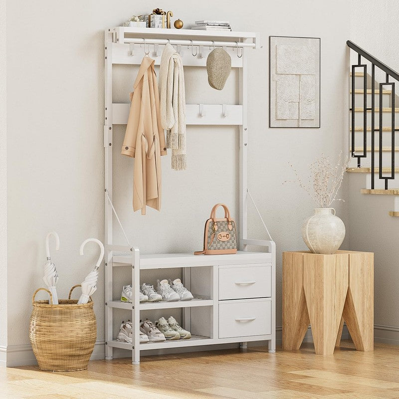 Hall Tree Entryway Bench with Coat Rack & Storage 5-in-1 White 31.5"1