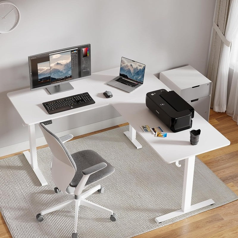 L-Shaped 63x55 Electric Standing Desk Adjustable Height Corner White1
