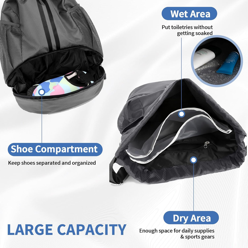 Drawstring Gym Bag Shoe Compartment Water Resistant Dark Grey Backpack5