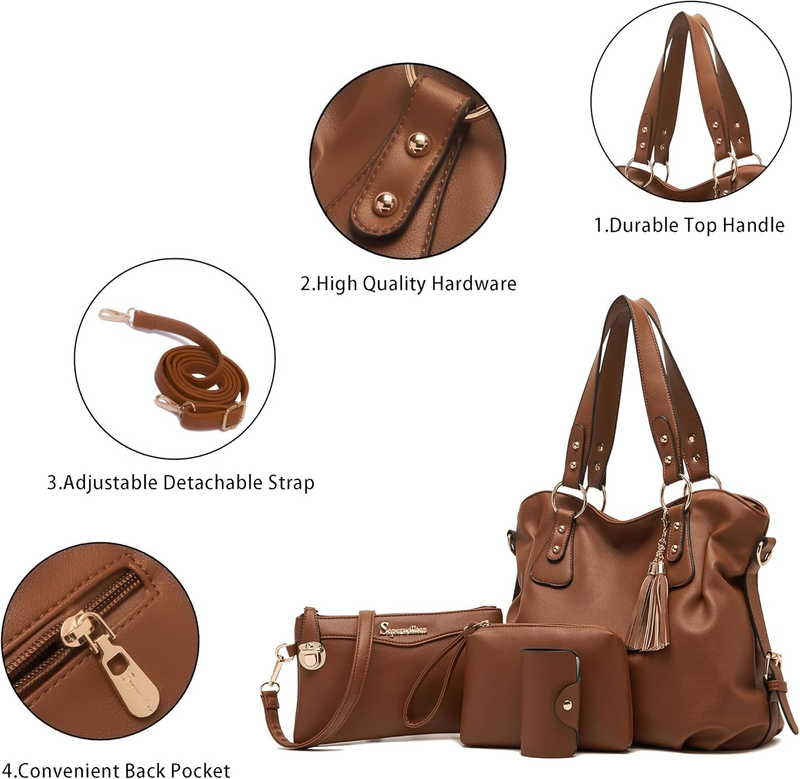4Pc Women’s Handbag Set Shoulder Top Handle Satchel Hobo Tote Purse3