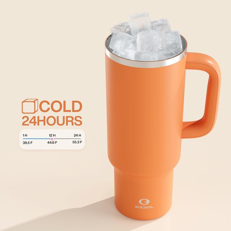 Insulated 40 Oz Stainless Steel Tumbler with Handle & Straw   Leakproof Orange5