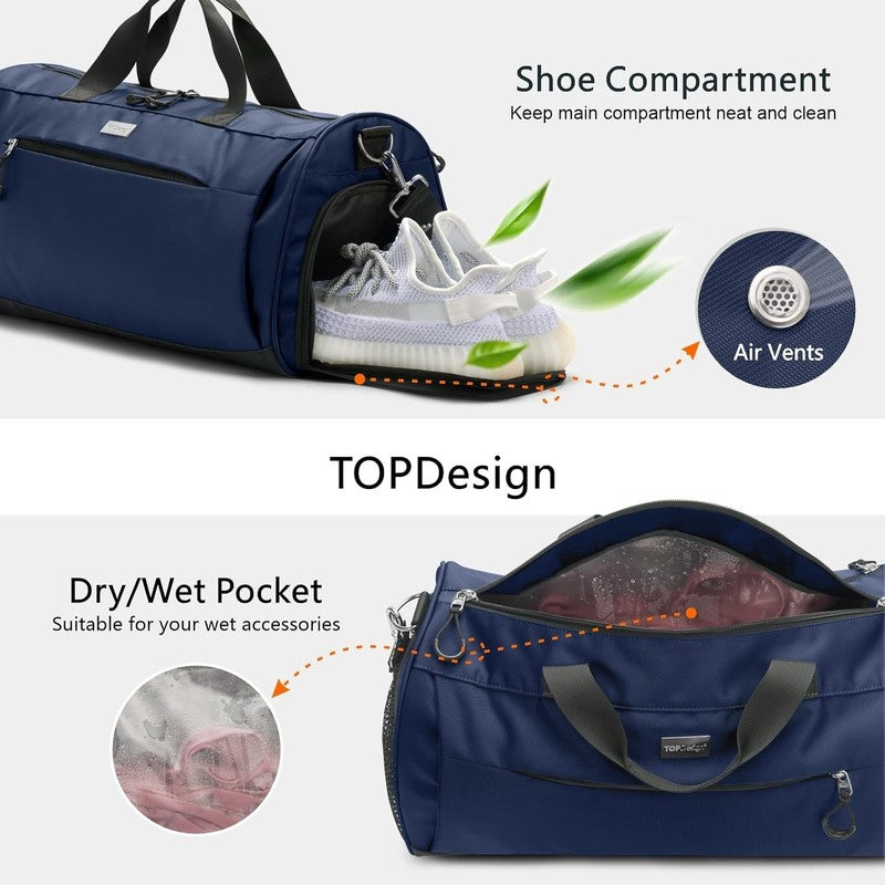 Gym Bag Unisex Duffel Shoe Compartment Wet Pocket Travel Sports Blue M5
