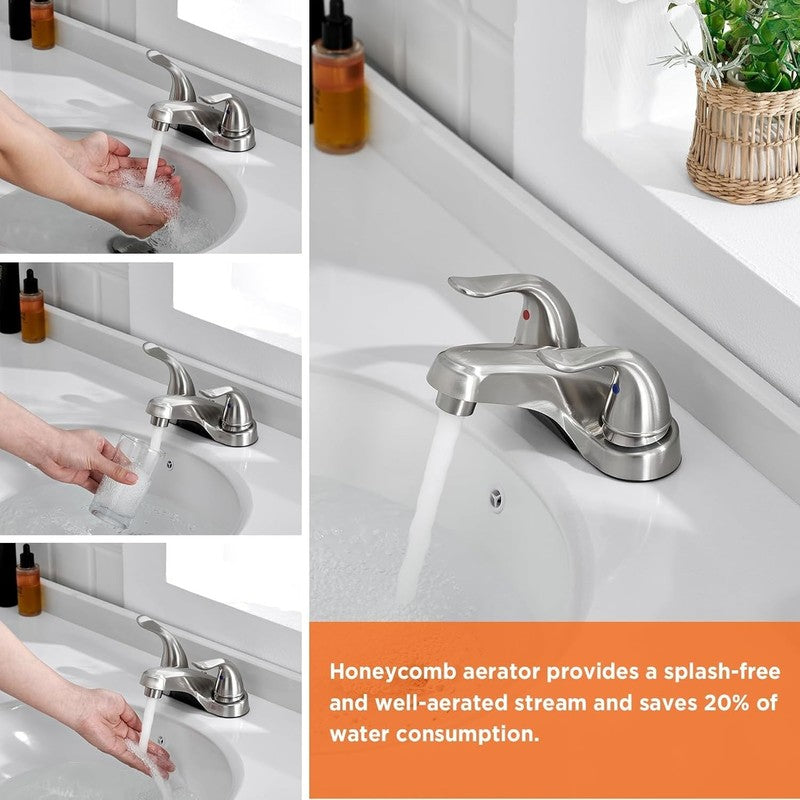 2 Pack Brushed Nickel Bathroom Sink Faucet 4" Dual Handle w/ Drain Hoses5