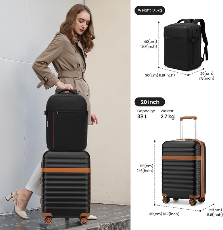3pc Carry On Luggage Set TSA Lock Spinner Wheels Hardshell Black Brown1