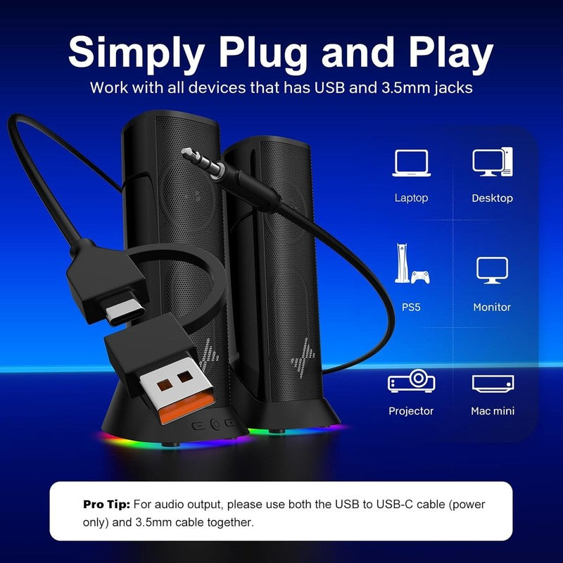 RGB Computer Speakers USB USB C 3.5mm Aux Plug Play PC Laptop Stereo4