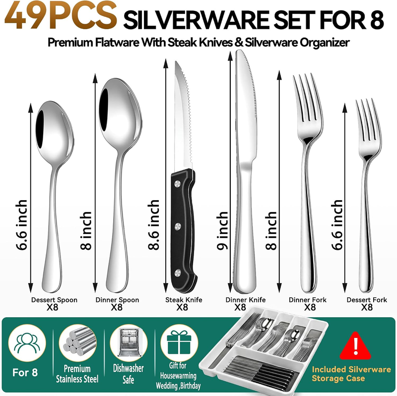 49Pc Stainless Steel Silverware Set for 8 w/ Organizer Steak Knives1