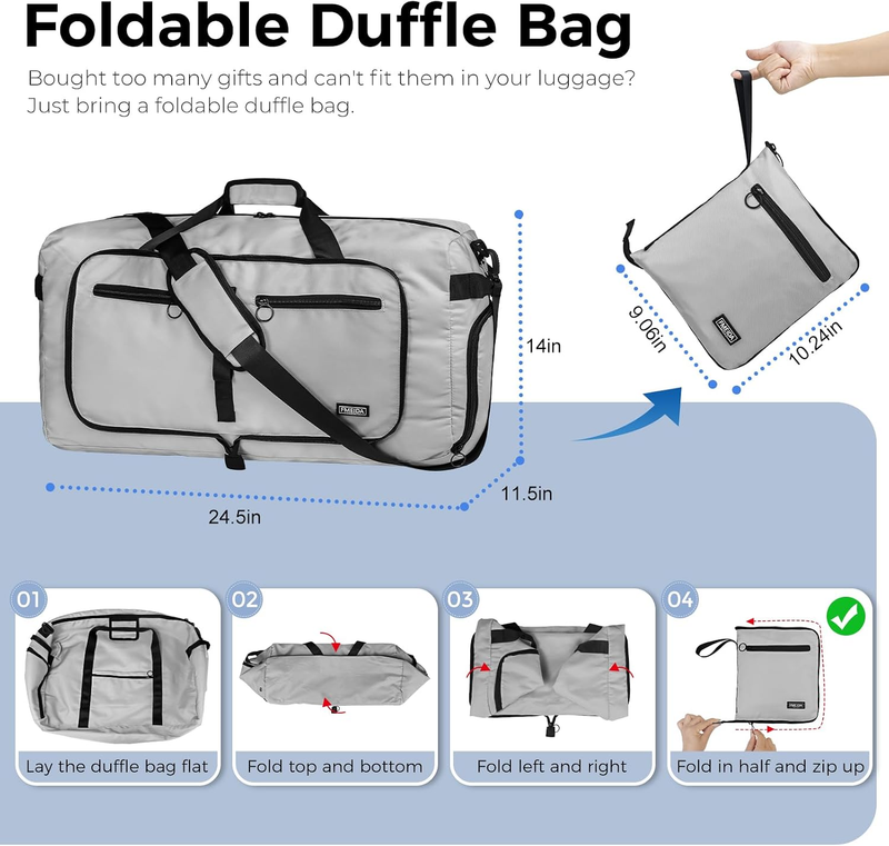 65L Travel Duffel Bag Foldable w/ Shoe Compartment Water Resistant Gray2
