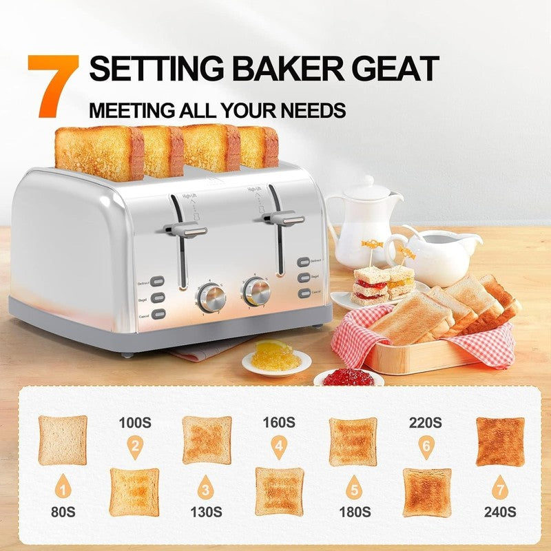 Retro 4 Slice Stainless Steel Toaster T-527 - Wide Slot, 7 Shades, Bagel, Waffle1