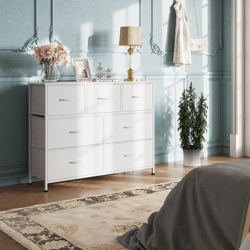 7 Drawer Dresser TV Stand White Fabric Storage Chest Wood Top Steel Frame6