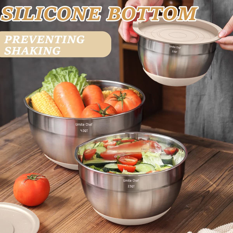 26PC Stainless Steel Mixing Bowls Set Airtight Lids Grater Khaki3