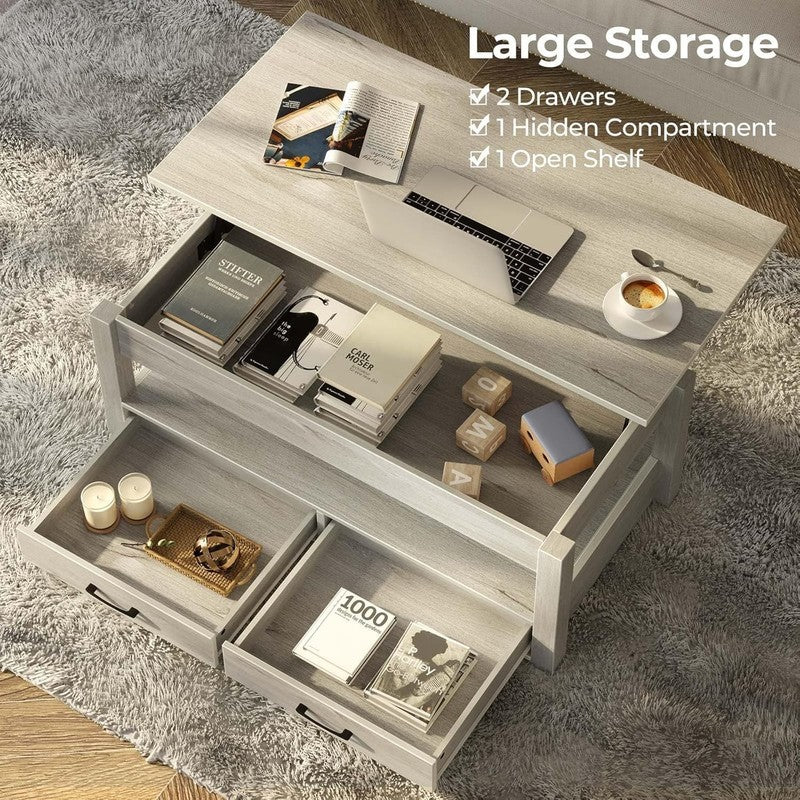 Lift Top Coffee Table w/ Drawers Hidden Compartment Wooden Table Grey4