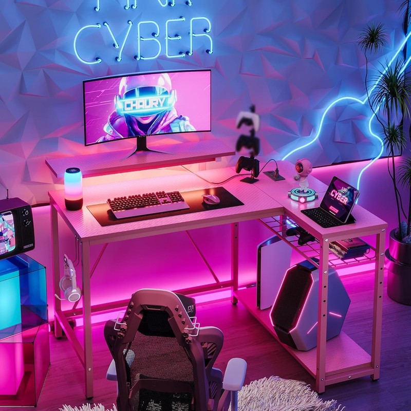 42" L-Shaped Computer Desk LED with Power Outlets & Monitor Stand Pink5