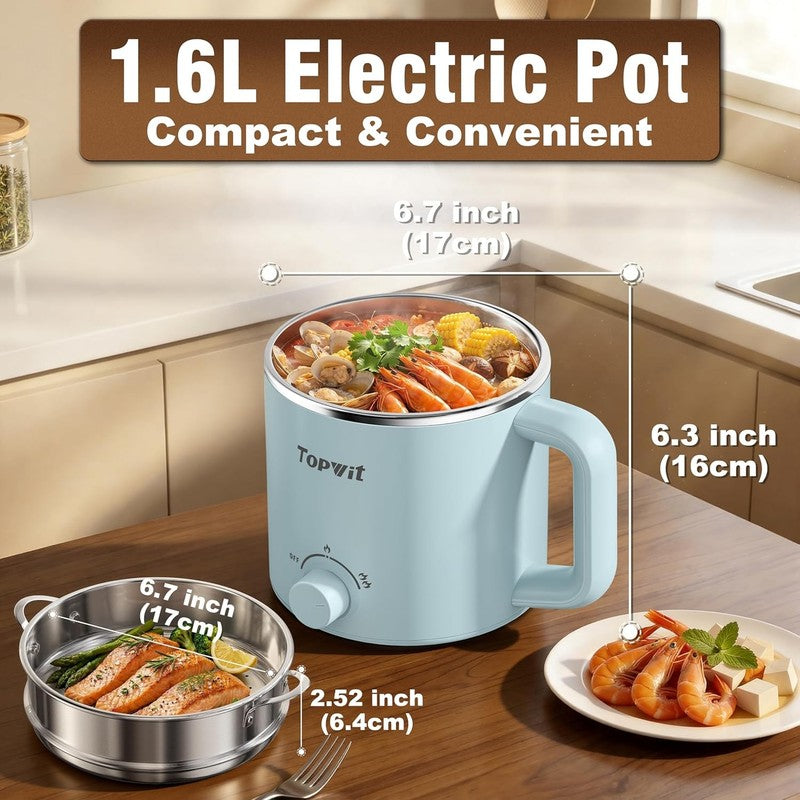 1.6L Electric Hot Pot Steamer Ramen Cooker Portable Dual Power Control Blue3