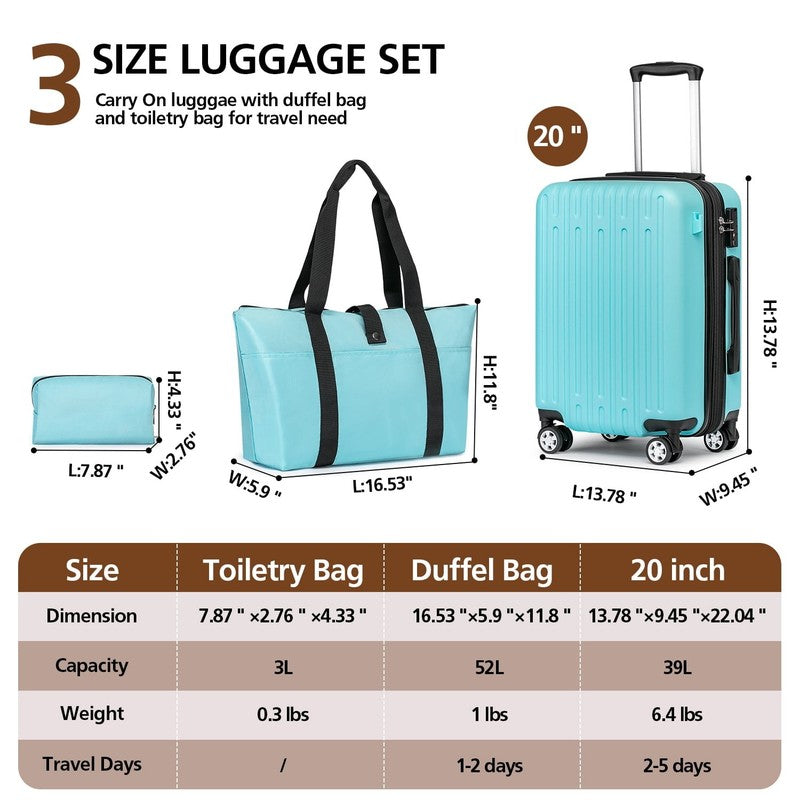 3 Piece Hardside Carry On Luggage Set 20" TSA Lock Spinner Wheels Travel2