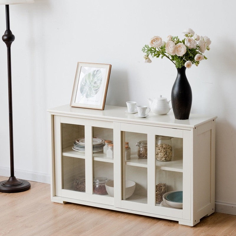 Off-White Kitchen Sideboard Buffet Storage Cabinet with Glass Sliding Doors3