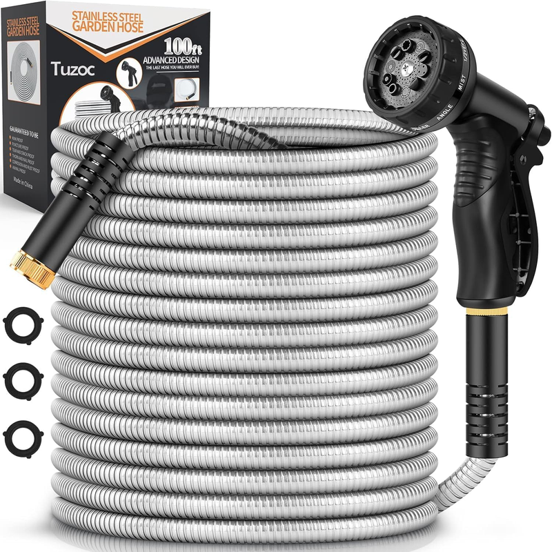 100FT Stainless Steel Garden Hose with 10 Function Nozzle, No Kink Design7
