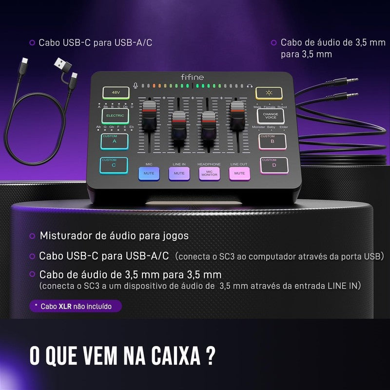 Gaming Audio Mixer RGB PC Mixer with XLR Mic, Volume Fader, Phantom Power SC38