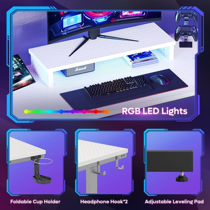 42" LED Gaming Desk w/ Monitor Stand PC Computer Gamer Table White1
