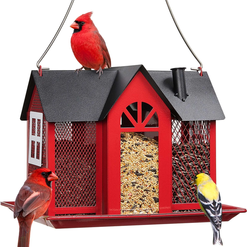 Red Metal Weatherproof Bird Feeder House, Triple Feeders for Finch & Cardinal7