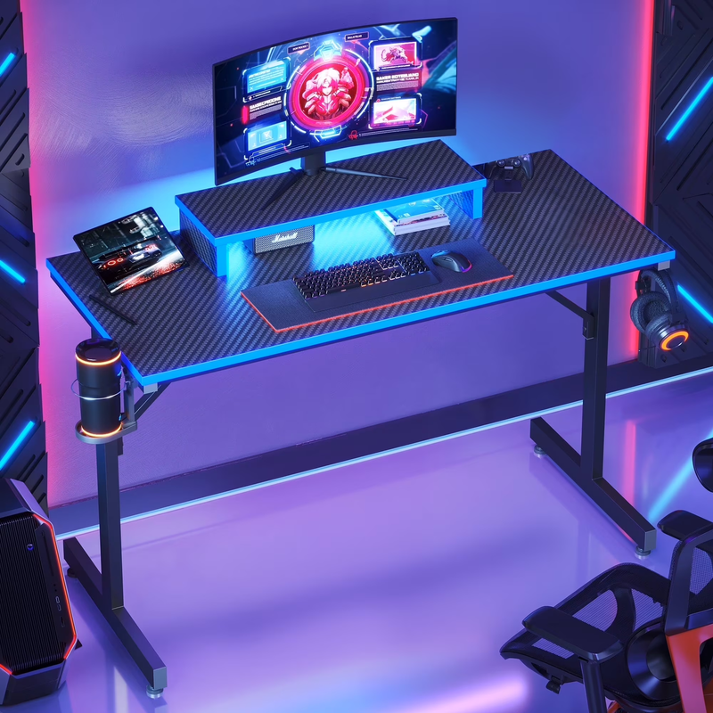 42" Gaming Desk PC Computer Table with LED Lights & Monitor Stand & Hook & Cup H0