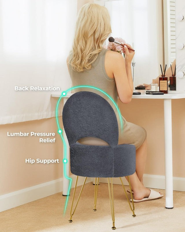 Faux Fur Vanity Stool Chair w/Storage Folding Back Ottoman Grey2