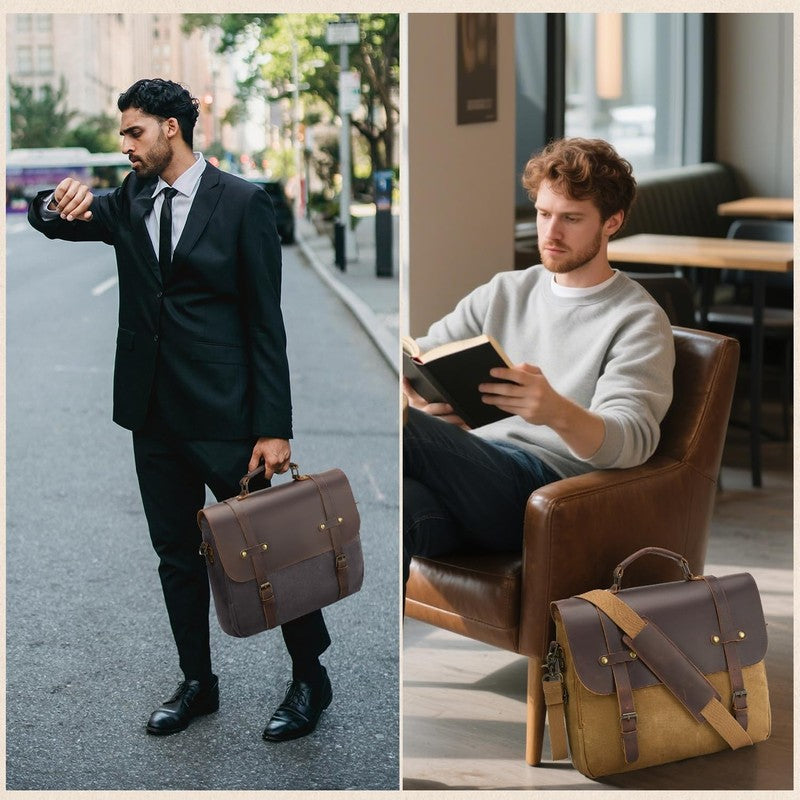 Mens Waxed Canvas Messenger Bag 16 Laptop Briefcase Leather Waterproof Satchel1