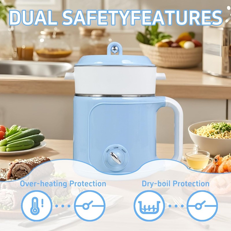 2.0L Electric Hot Pot Steamer Mini Ramen Cooker Portable Dorm Office Blue3