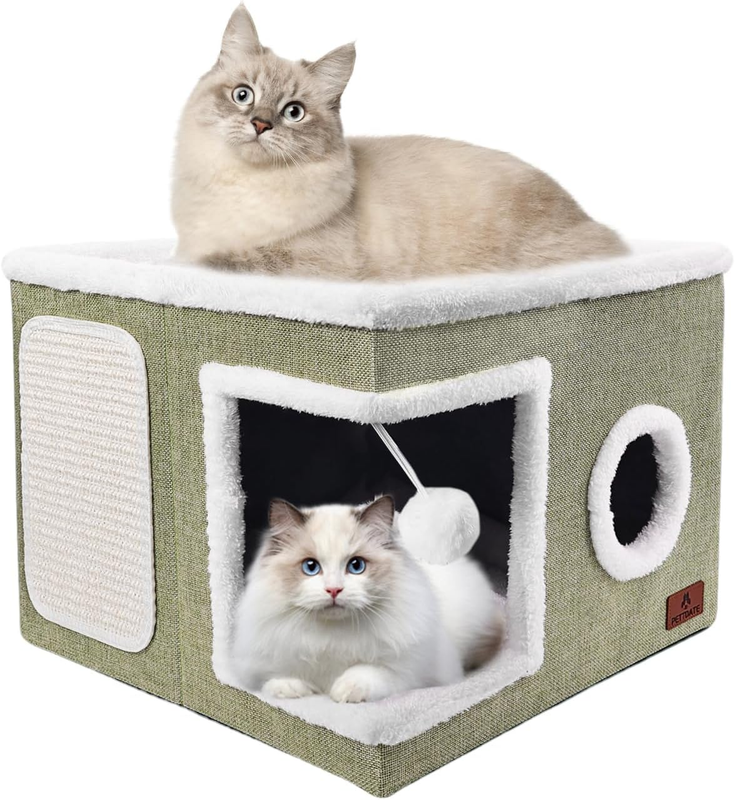 Cat Cave Bed for Indoor Cats – Foldable Cat House with Scratch Pad Green9