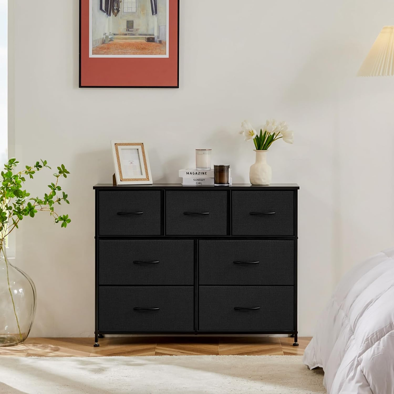 7 Drawer Fabric Dresser Storage Tower Steel Frame Wood Top Black4