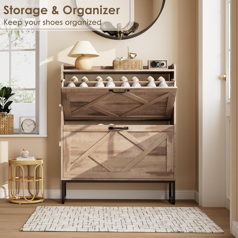 Shoe Cabinet 2 Flip Drawers Freestanding Slim Farmhouse Entryway Toasted Oak3