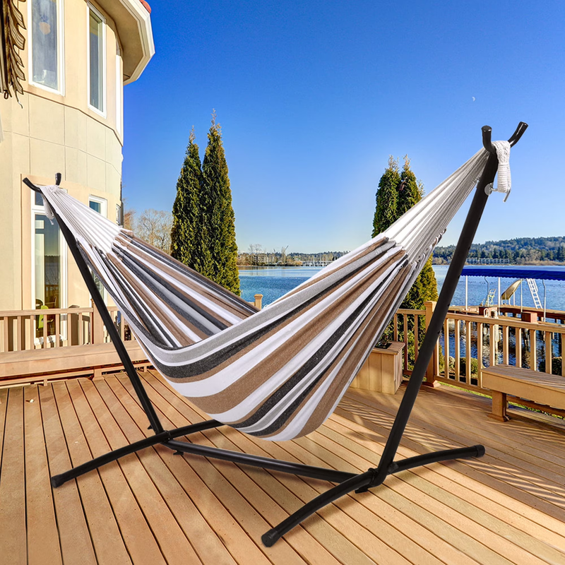 2-Person Cotton Hammock with Space Saving Steel Stand Garden Yard Outdoor 450Lb 0