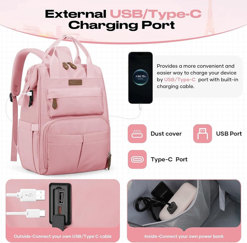 Travel Laptop Backpack 15.6 17.3" Nurse Work Bag w/ Lunch Box Pink4