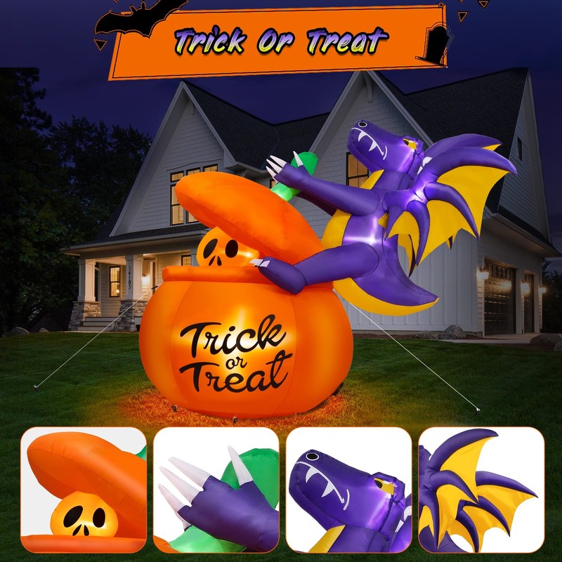 6Ft Halloween Inflatable Pumpkin Dinosaur w/ Lights Outdoor Decoration6
