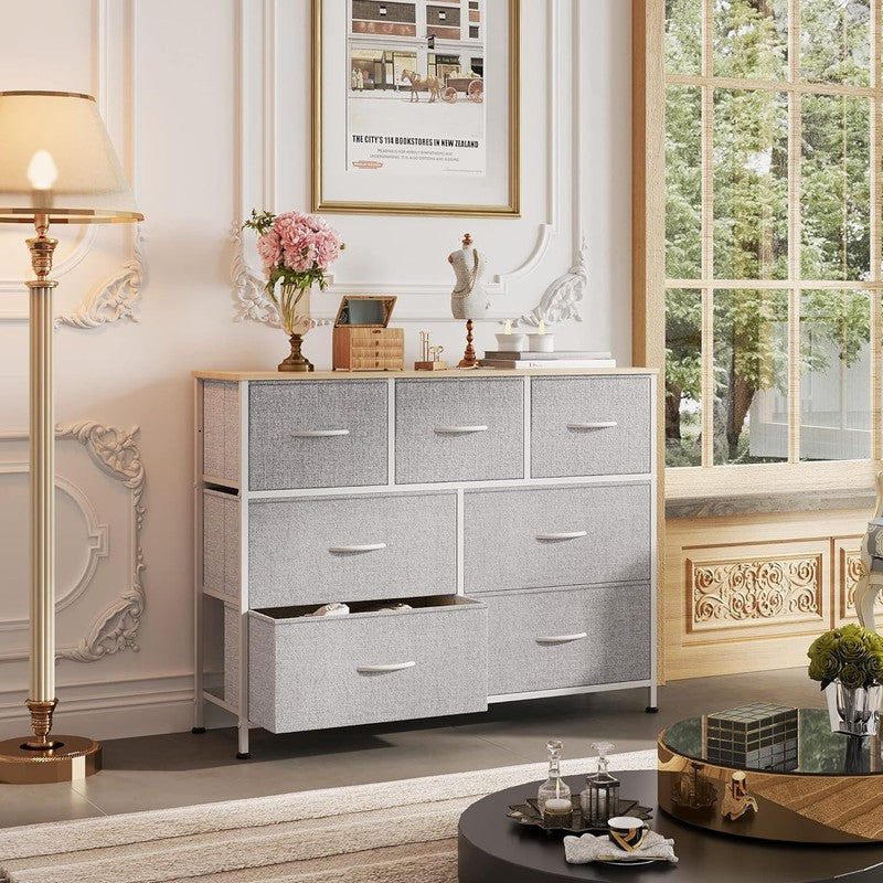 7 Drawer TV Stand Dresser Light Grey Metal Frame Wood Top Storage Chest1