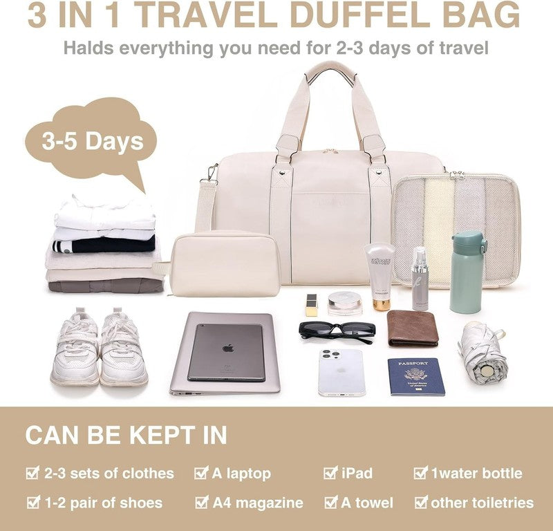 3 in 1 Leather Duffle Bag w/ Shoe & Toiletry Compartment Weekender Beige2
