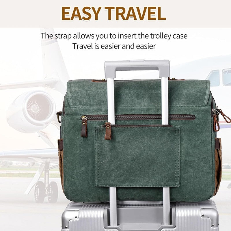 Men's 15.6" Vintage Canvas Leather Laptop Messenger Bag Satchel Shoulder Green1