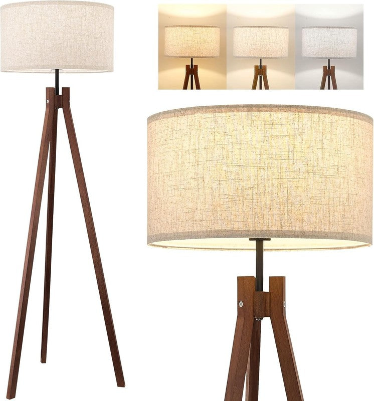 Wood Tripod Floor Lamp Mid Century Reading Lamp Linen Shade LED 9W 3 Color8