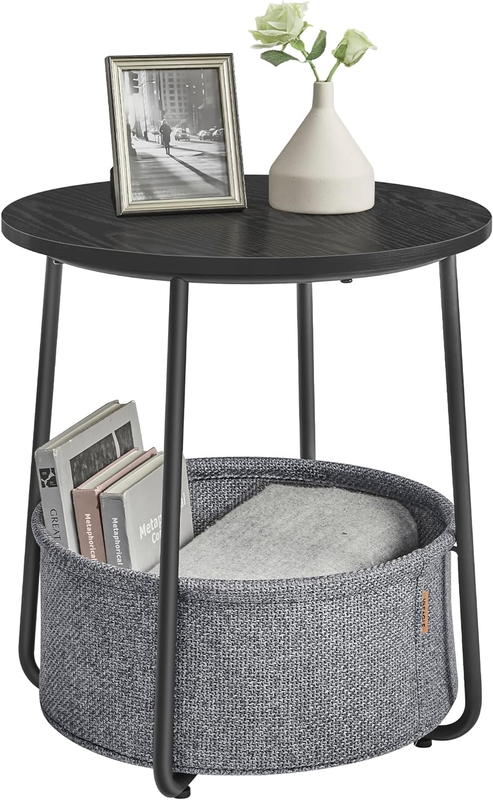 Small Round Side Table Nightstand with Fabric Basket Ebony Black Slate Gray9