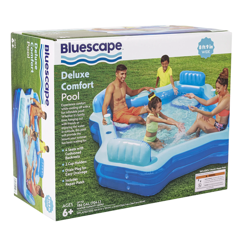 Blue Deluxe Comfort Inflatable Family Swimming Pool, 4 Seats, Square, Age 6 & Up7