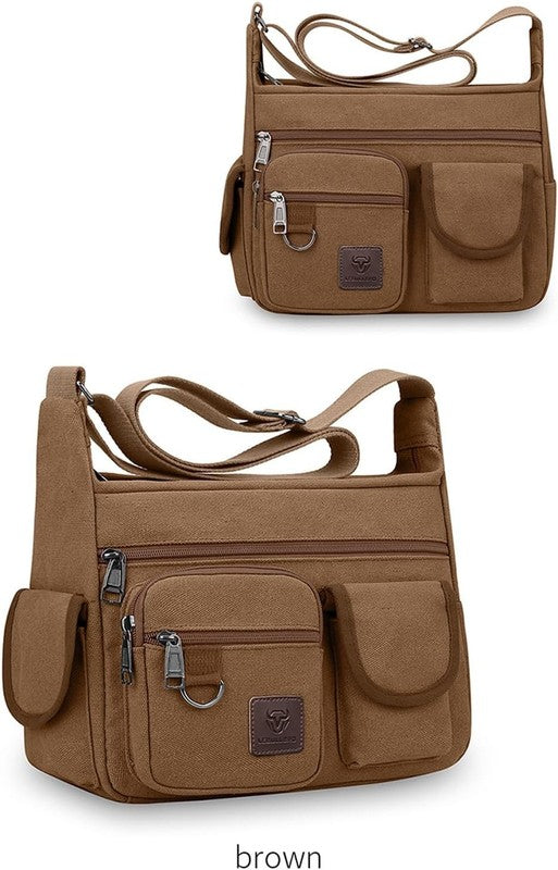 Canvas Shoulder Bag Men Multi Pockets 13 Inch Laptop Crossbody Sling Travel Bag7