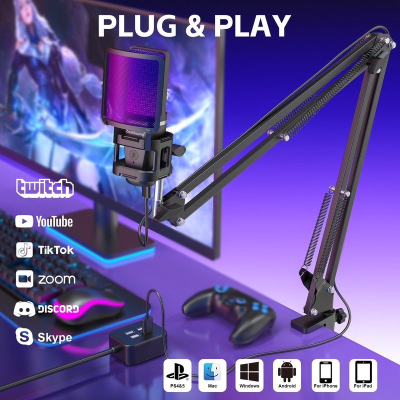 Gaming USB Microphone RGB Noise Cancel Mute Gain Boom Arm Pop Filter PC Podcast1